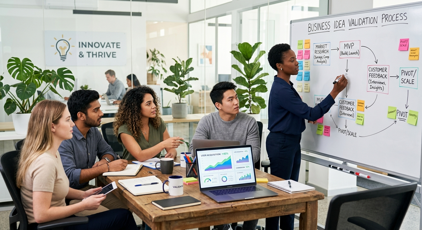 Equipo validando una idea de negocio con un proceso de validación en pizarra